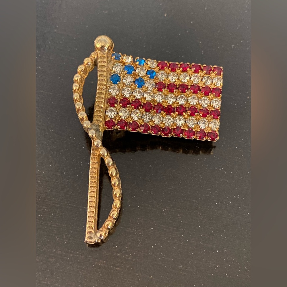 Vintage Rafaelian Gold-Tone & Rhinestone American Flag Brooch